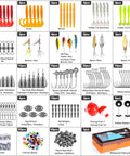 Massive 353 Piece Fishing Lure Gear Kit With 12 Rig Lures Tackle Box showing bait types like grubs, spoons, hooks, weights.