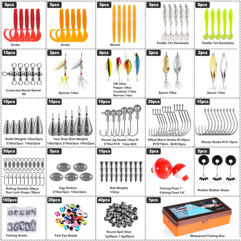 Massive 353 Piece Fishing Lure Gear Kit With 12 Rig Lures Tackle Box showing bait types like grubs, spoons, hooks, weights.