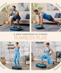 People exercising with Rumblex Plus 4D Vibration Plate Exercise Machine in home settings, illustrating oscillation and pulsation modes.