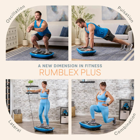 People exercising with Rumblex Plus 4D Vibration Plate Exercise Machine in home settings, illustrating oscillation and pulsation modes.