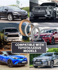 Collage of Toyota and Lexus vehicles with drain plug washers, compatible with the 12 Piece Transfer Differential Drain Plug Crush Washer Kit 12157-10010 90430-A0003 90430-24017 With Steel Aluminum Copper Washers 6 Steel 4 Aluminum 2 Copper For Toyota And Lexus Vehicles 2000 To 2024 Tacoma Tundra 4Runner Sequoia Highlander.