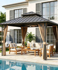 Installed 10x10 Ft Hardtop Gazebo With Dual Layer Metal Roof, Galvanized Steel Canopy, Netting And Curtains by pool in garden