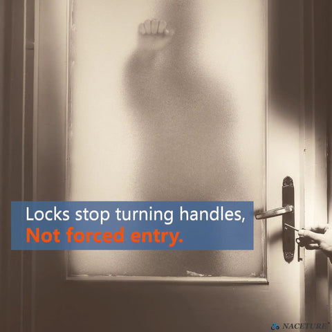 Silhouette of a person behind frosted glass door emphasizing door security with message about locks and forced entry prevention.