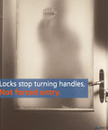Smoke-frosted door with hand pressing glass, handle being turned, highlighting security vulnerability, text overlay.