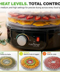 Professional Electric Countertop Food Dehydrator With Five Stackable Trays For Making Jerky, Dried Fruit, Herbs And Veggies displayed with heat settings for precise drying.