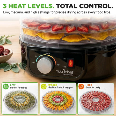 Professional Electric Countertop Food Dehydrator With Five Stackable Trays For Making Jerky, Dried Fruit, Herbs And Veggies displayed with heat settings for precise drying.