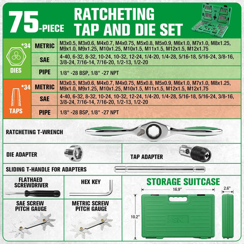 Top Notch 75 Piece Ratcheting Tap And Die Set Featuring SAE Metric Threads With Heavy Duty HSS Bits And Smooth 72 Tooth T Handle For Tight Quarters Rethreading Jobs That Rock. 75-piece tap and die kit in green storage case, metric, SAE, and pipe threads