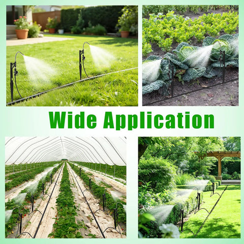 360 Degree Adjustable Misting Heads With Stakes 15 Pack For Garden Irrigation System installed in various garden settings