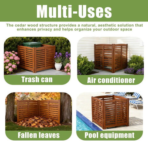 32 Inch Wide By 38 Inch High Three Panel Outdoor AC Fence Screen For Hiding Exterior Unit Trash Cans And Pool Equipment No Dig Wood Privacy Panels With Flexible L Shape Or U Shape Setup Natural Finish in various outdoor settings.