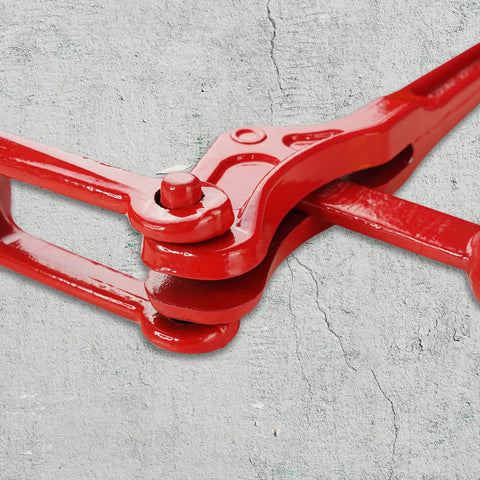 Close-up of red 4 Pack Lever Load Binder With 2 Grab Hooks For Five Sixteenth Or Three Eighths Grade 70 Transport Chain 5400 Lb Working Load Limit