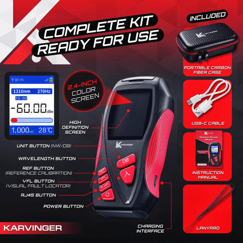 Karvinger Optical Power Meter 4-in-1 fiber tool with VFL and RJ45 tester; black handheld device with red grips