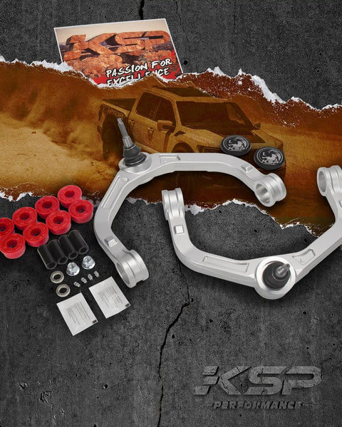 Beefed Up Aluminum Upper Control Arms For Ram 1500 2009 To 2022, Adjustable Front UCA, One Piece Forged T6 Aluminum, Greasable Ball Joints, Silver, Two Piece Set shown with hardware