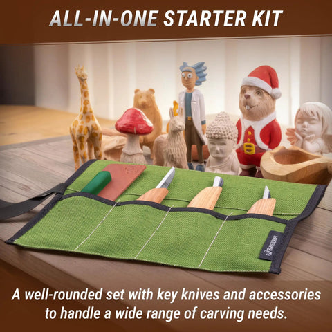 Pro Grade Beginner Friendly Wood Carving Kit For Beginners And Kids with knives, leather strop, canvas tool roll