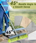 Person using 18 Inch Push Broom With 47 Inch Handle For Multi Surface Floor Cleaning On Deck Patio Garage And Driveway Dual Bristle Scrub Brush For Dust And Tough Debris Heavy Duty Build on outdoor pavement.