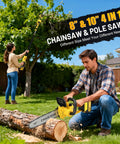 Two people using versatile 4 in 1 cordless pole saw and mini chainsaw with 8 inch and 10 inch bar in a garden setting.
