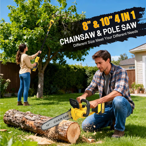 Two people using versatile 4 in 1 cordless pole saw and mini chainsaw with 8 inch and 10 inch bar in a garden setting.