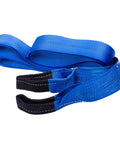 Blue tow strap with black reinforced loops, Three Inch Wide 8 Foot Tow And Winch Strap, 30,000 Pound Capacity, Heavy Duty Polyester Webbing With Weatherproof And Waterproof Build, Must Have Gear For Trucks, ATVs, And Heavy Equipment.