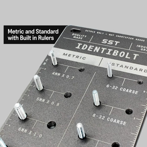 Close-up of Identibolt Precise Threadchecker And Wall Mount Kit showing metric and standard threads with built-in rulers.