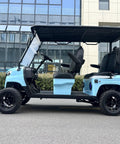 Slick Four Seater Electric Golf Cart Boasting Ridiculously Comfy Luxury Seats And Knobby Antislip Tires With A Sharp Hd Led Display For A Real Smooth Weekend Ride In Light Blue side view showcasing ergonomic seating and knobby tires.