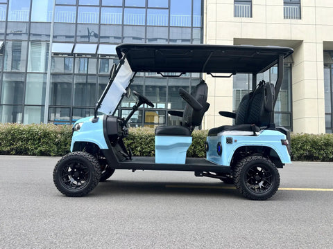 Slick Four Seater Electric Golf Cart Boasting Ridiculously Comfy Luxury Seats And Knobby Antislip Tires With A Sharp Hd Led Display For A Real Smooth Weekend Ride In Light Blue side view showcasing ergonomic seating and knobby tires.