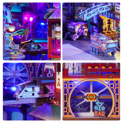 Cyber City Book Nook Kit For Adults Wooden 3D Puzzle Bookend And Shelf Insert Decor featuring neon-lit cityscape details