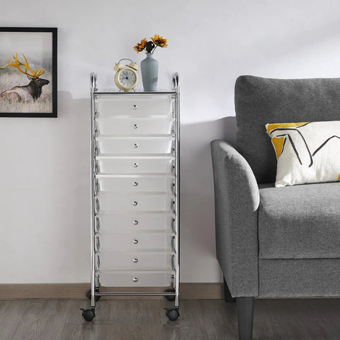 10 Drawer Rolling Storage Cart With Lockable 360 Degree Wheels beside a gray sofa, white plastic drawers on chrome frame.
