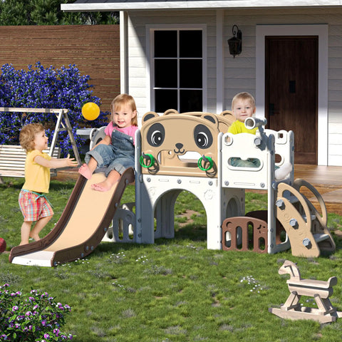 Children playing on 9 In 1 Toddler Slide And Climber Playset For Indoor And Outdoor Use With Basketball Hoop Telescope And Storage Space