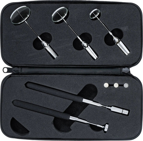 Led Magnetic Pick Up Tool And Inspection Mirror Set with extendable shafts in black and silver finish in case