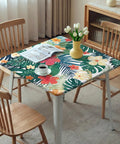 Elastic Edge Square Fitted Tablecloth With Tropical Palm Leaves Card Table Cover For Outdoor And Indoor Use Wipeable Polyester Fits 34x34 Or 36x36 Inch Card Tables For Chill Kitchen Decor shown on dining table