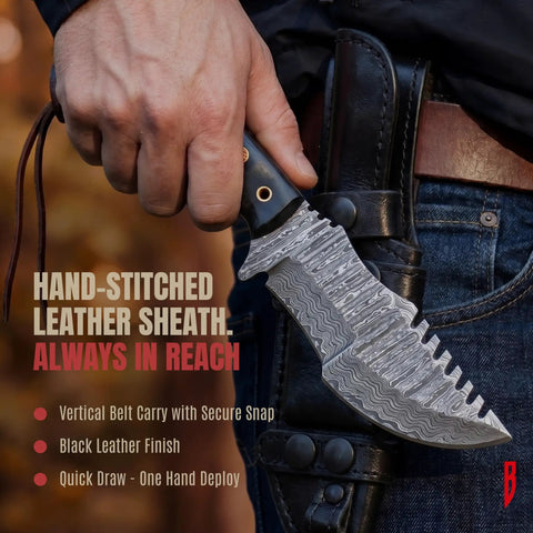Beefy 10 Inch Damascus Steel Tracker Knife With Full Tang Fixed Blade Micarta Handle Leather Sheath for Rugged Bushcraft