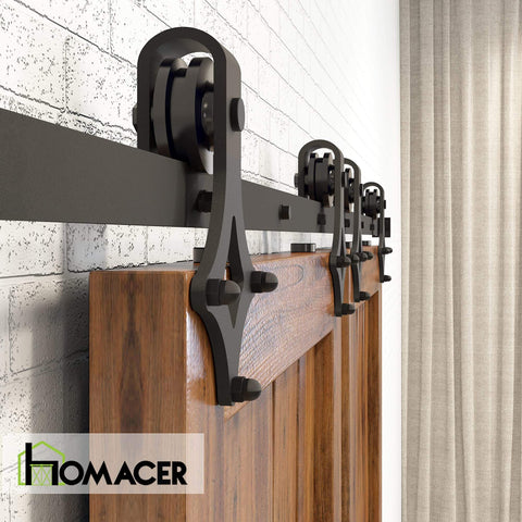 Black Rustic Non Bypass Sliding Barn Door Hardware Kit For Two Doors With A 15 Foot Flat Track Diamond Design Rollers Heavy Duty