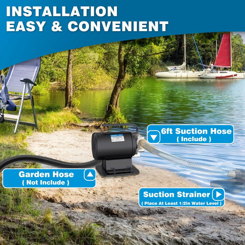 DC 12V Water Transfer Pump 1 Tenth HP Grab And Go Portable Electric Water Removal Pump by a lake with hoses.
