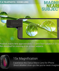 Universal Smartphone Lens Kit With Wide Angle And Fifteen Times Macro Lenses LED Light Clip And Travel Case For iPhone Android And More Dope Pro Quality Photos On The Go macro lens attached to phone displaying magnified dewdrops