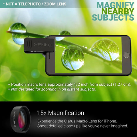 Universal Smartphone Lens Kit With Wide Angle And Fifteen Times Macro Lenses LED Light Clip And Travel Case For iPhone Android And More Dope Pro Quality Photos On The Go macro lens attached to phone displaying magnified dewdrops