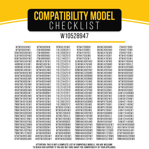 Compatibility model checklist for Washer Drive Hub Kit Replacement W10528947 for Whirlpool Top Load Washers