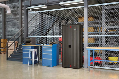 19 Cubic Ft Heavy Duty Resin Cabinet With Lockable Handles Multi Wall Construction And Metal Reinforced Shelves For Basement Utility Room And Garage Storage In Black in a garage setting.