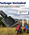 Universal Trailer Hitch Winch Mounting Plate With 2 Inch Receiver For ATVs UTVs And Lawn And Garden Equipment Winch Bracket Mounting Plate For Stable Secure Winch Mounting On The Go. Black steel winch plate with 2-inch receiver, hitch pin, and bolt for ATV use.