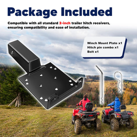 Universal Trailer Hitch Winch Mounting Plate With 2 Inch Receiver For ATVs UTVs And Lawn And Garden Equipment Winch Bracket Mounting Plate For Stable Secure Winch Mounting On The Go. Black steel winch plate with 2-inch receiver, hitch pin, and bolt for ATV use.