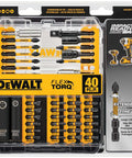 Front view of DeWALT DWA2NGFT40IR 40-piece steel screwdriver bit set in yellow and black case