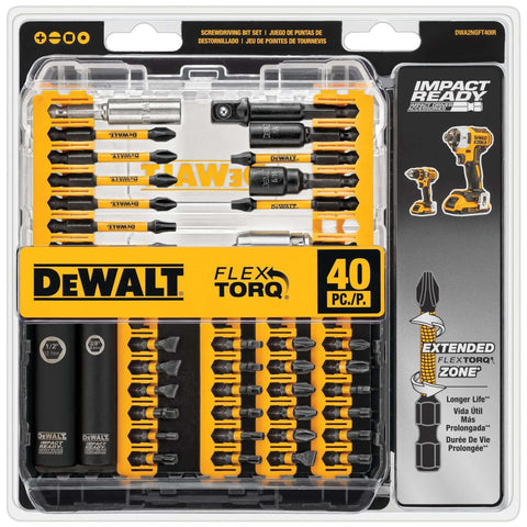 Front view of DeWALT DWA2NGFT40IR 40-piece steel screwdriver bit set in yellow and black case