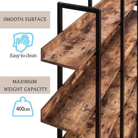 Close-up of 5 Tier Industrial Bookcase With Black Metal Frame Brown Finish, showcasing smooth surface and strong shelves.