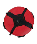 Top view of a red Freediving Pro-Grade Buoy With Inner Tube And 8 Inch Dive Flag Cover, showing black straps and stainless D ring.