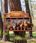 Wooden Squirrel Picnic Table Feeder With Four Seed Compartments And Seven Tier Bar Stools, Durable Burnt Wood Finish, outdoors