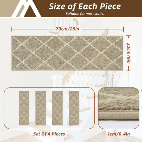 Non Slip Peel And Stick Stair Treads For Wooden Steps 9x28 indoor runners, grey polyester, detailed texture and dimension illustration