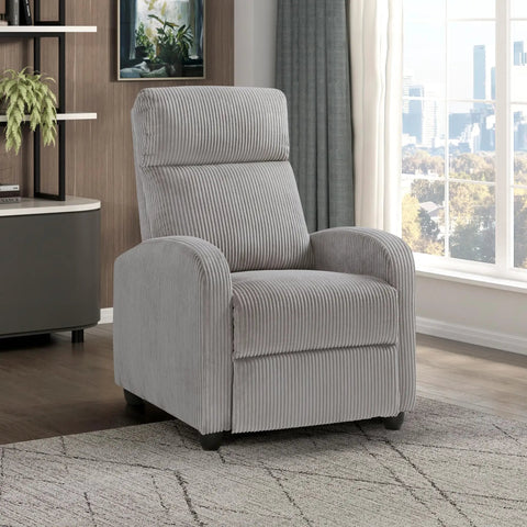 Cozy Corduroy Pushback Recliner Chair With Solid Wood Frame And Metal Base, Easy Assembly, Small Soft Single Sofa Accent in Light Grey.