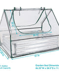 Steel Raised Garden Bed With Mini Greenhouse Cover for outdoor growing, dimensions labeled, with clear weatherproof top and zippered doors
