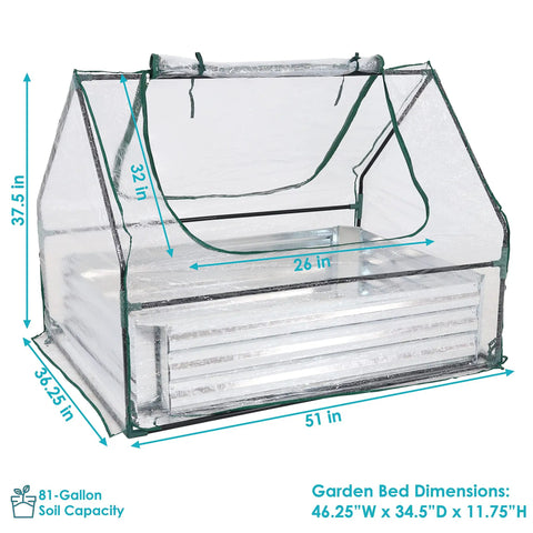 Steel Raised Garden Bed With Mini Greenhouse Cover for outdoor growing, dimensions labeled, with clear weatherproof top and zippered doors