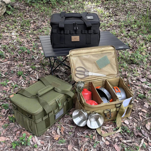 Rugged 18L Camping Storage Bag With Tactical Utility Tote Water Resistant 600D Nylon Organizer For Gear Includes Shoulder Strap US Flag Patch Durable Trunk Organizer Available In Black Khaki Army in outdoor setting