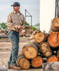 Man wearing Men's Long Sleeve Work Shirt Charcoal Relaxed Fit Durable Cotton Poly Blend Twin Flap Chest Pockets by logs.