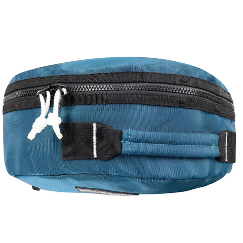 Denim Blue Dive Bag For Scuba Gear With Top Handle, Durable Waterproof Fabric, Easy Access YKK Zippers, side view of handle